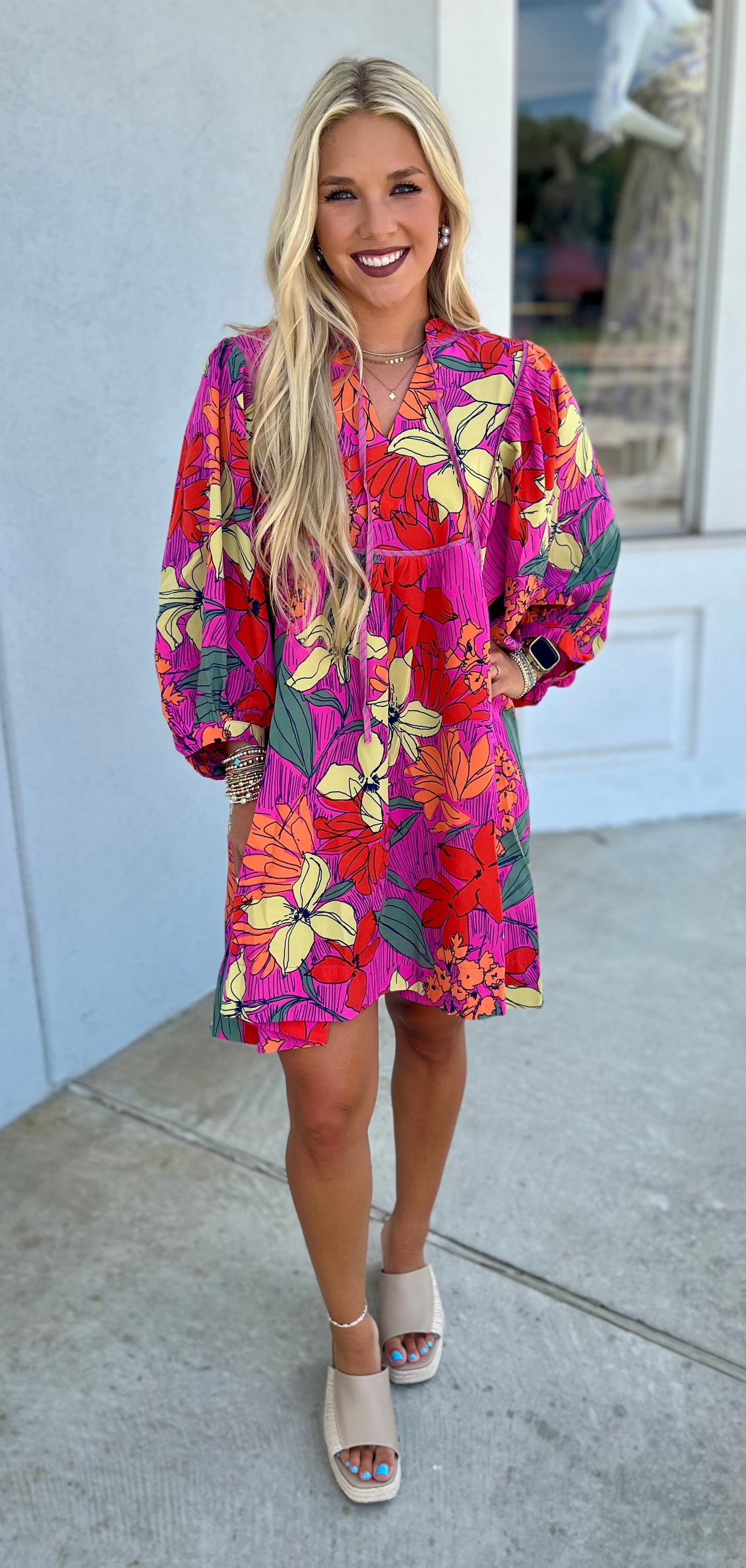 Floral Tie Dress, Neon Pink