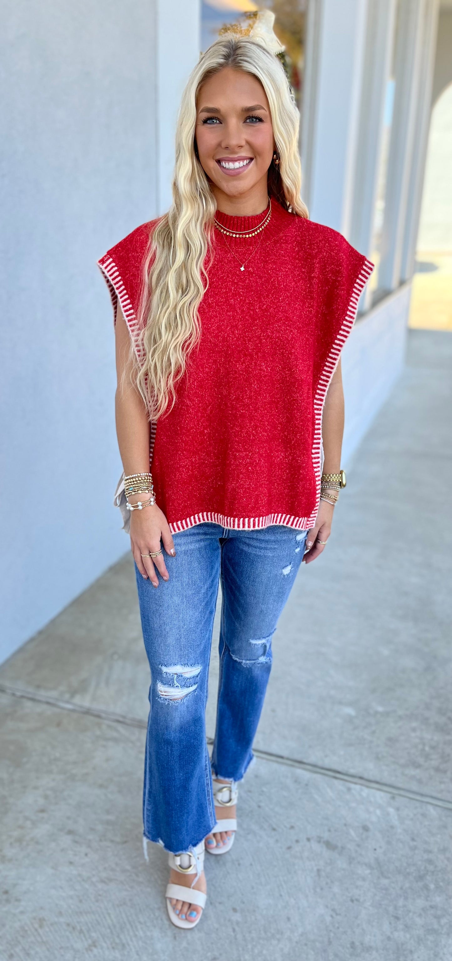 Side Tie Knit Sweater Vest, Red