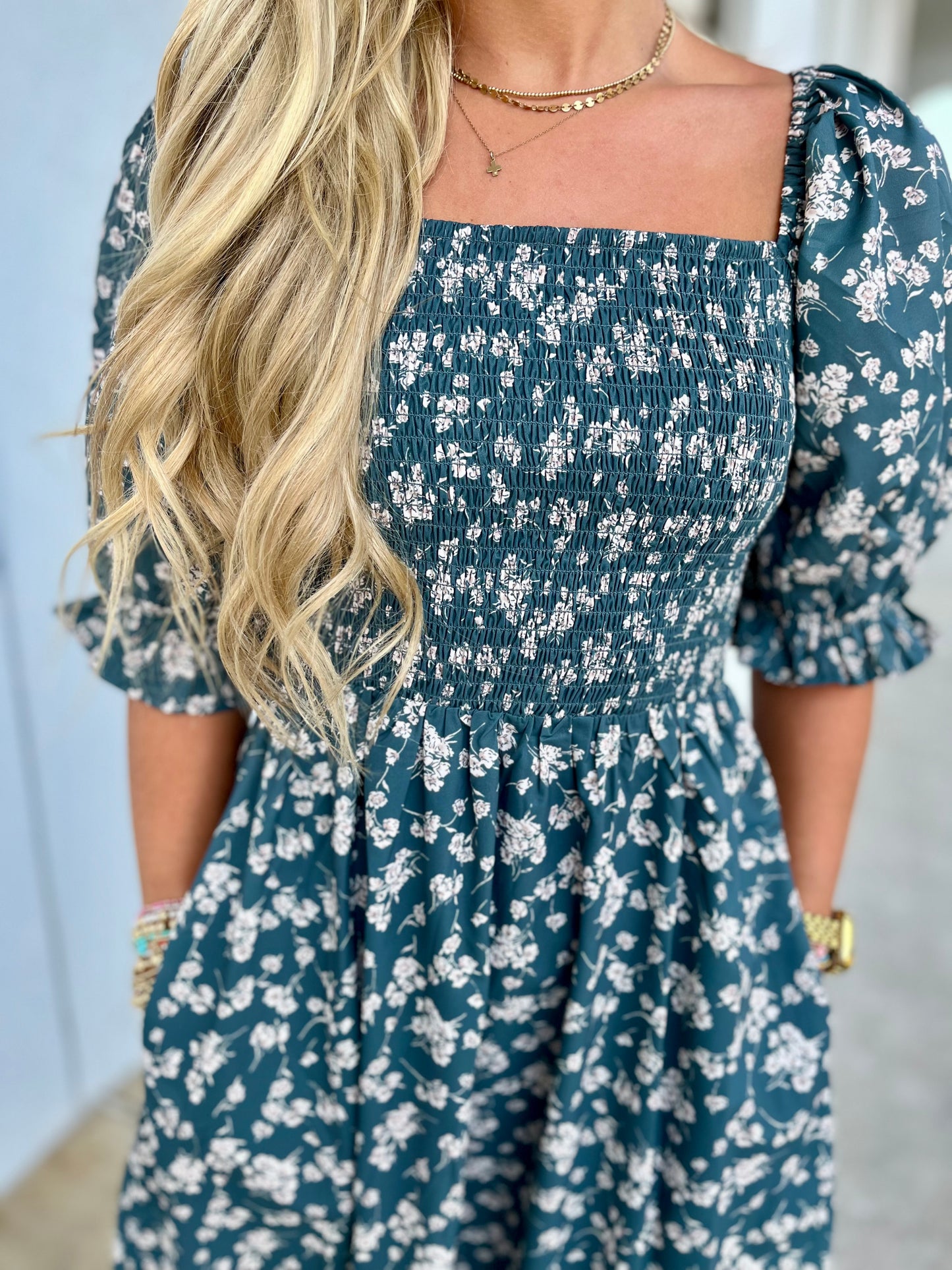 Green/Cream Floral Puff Sleeve Midi Dress