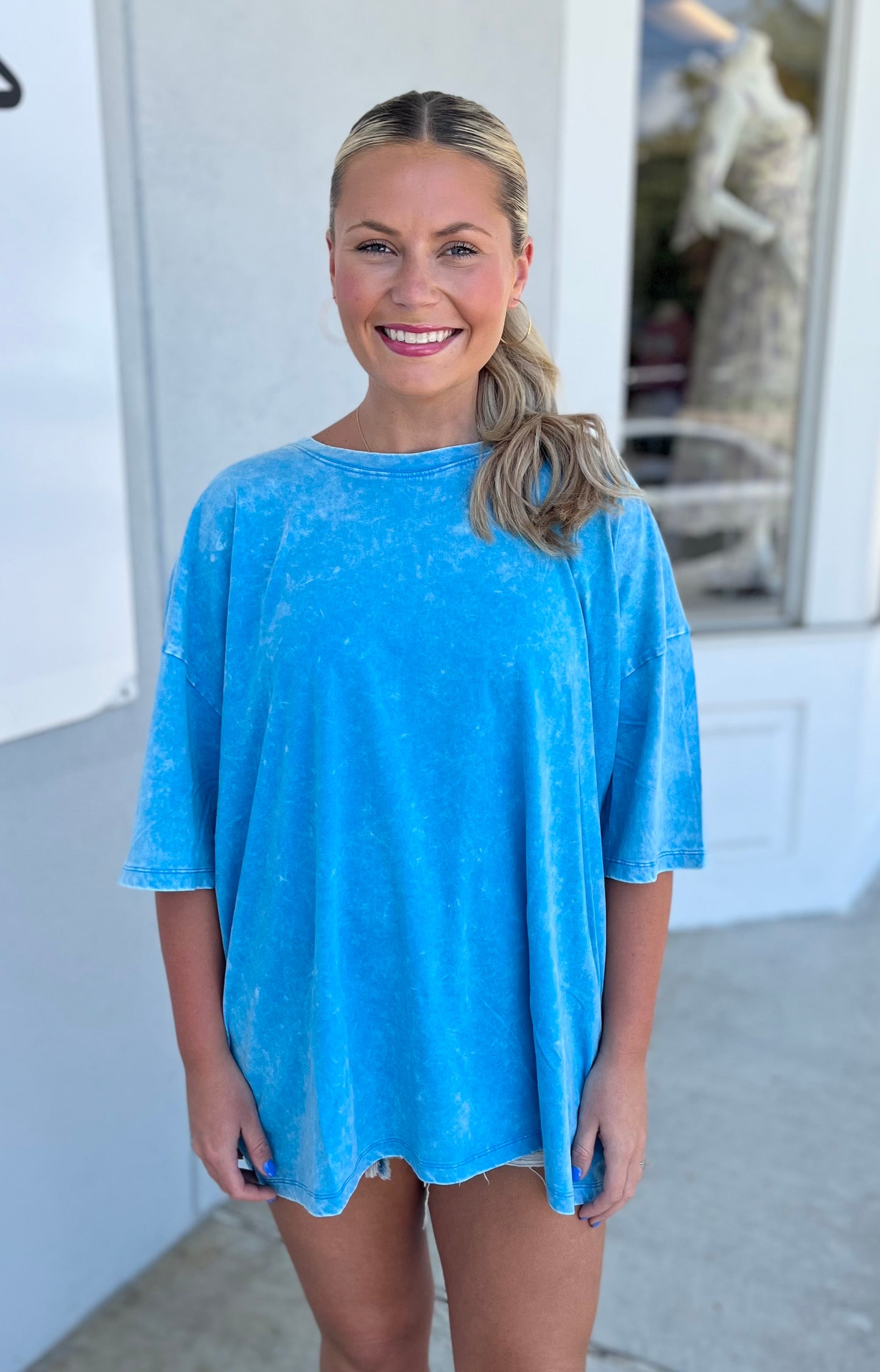 Acid Wash Oversized Boyfriend Tee, Deep Sky