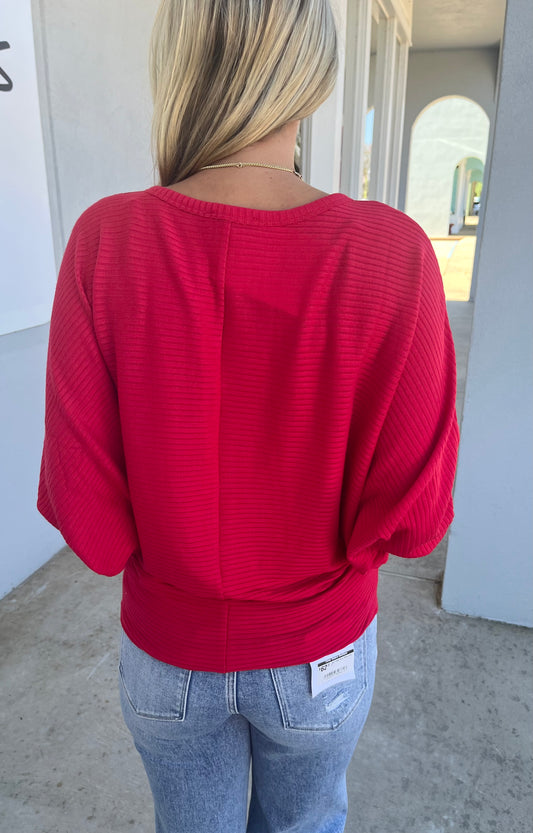 Ribbed Batwing Boat Neck Sweater, Ruby