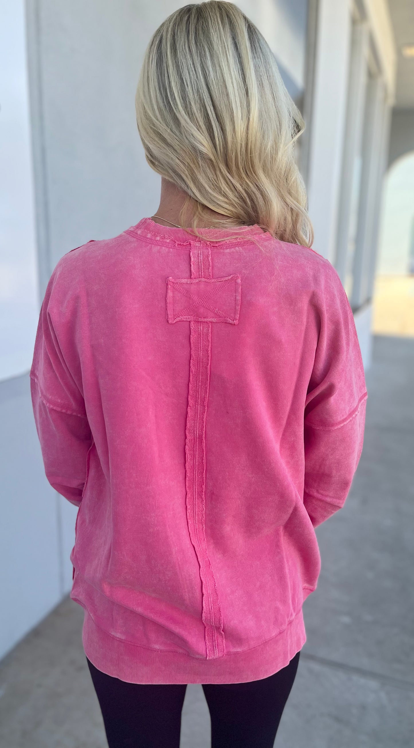 French Terry Acid Wash Front Pocket Pullover, Fuchsia