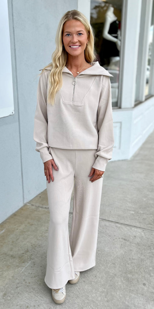 Ribbed High Neck Half Zip Top & Pants SET, Sand Beige