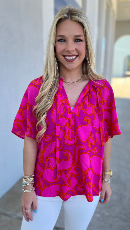 Magenta Floral Tie Neck Blouse