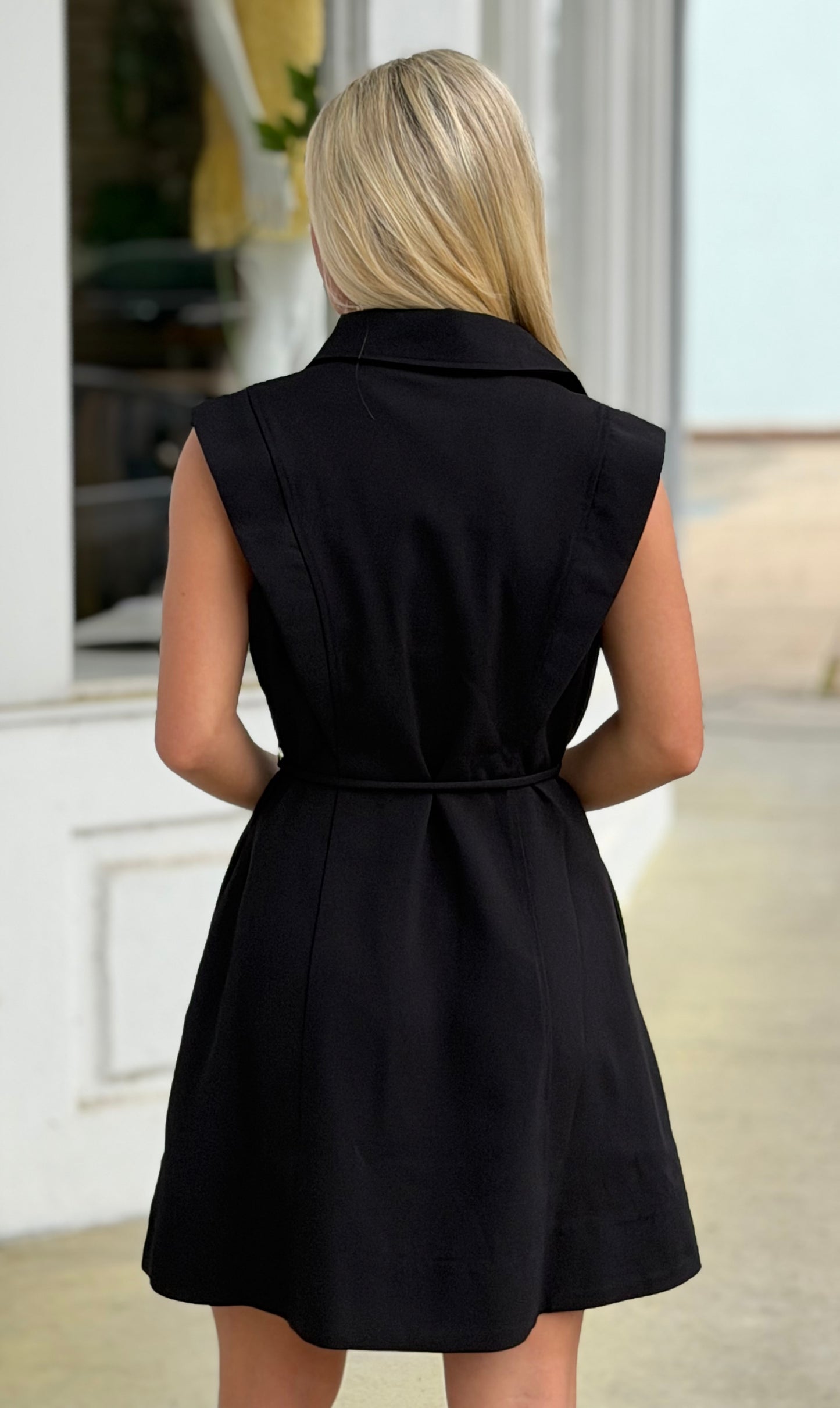 Black Button Front Belted Dress