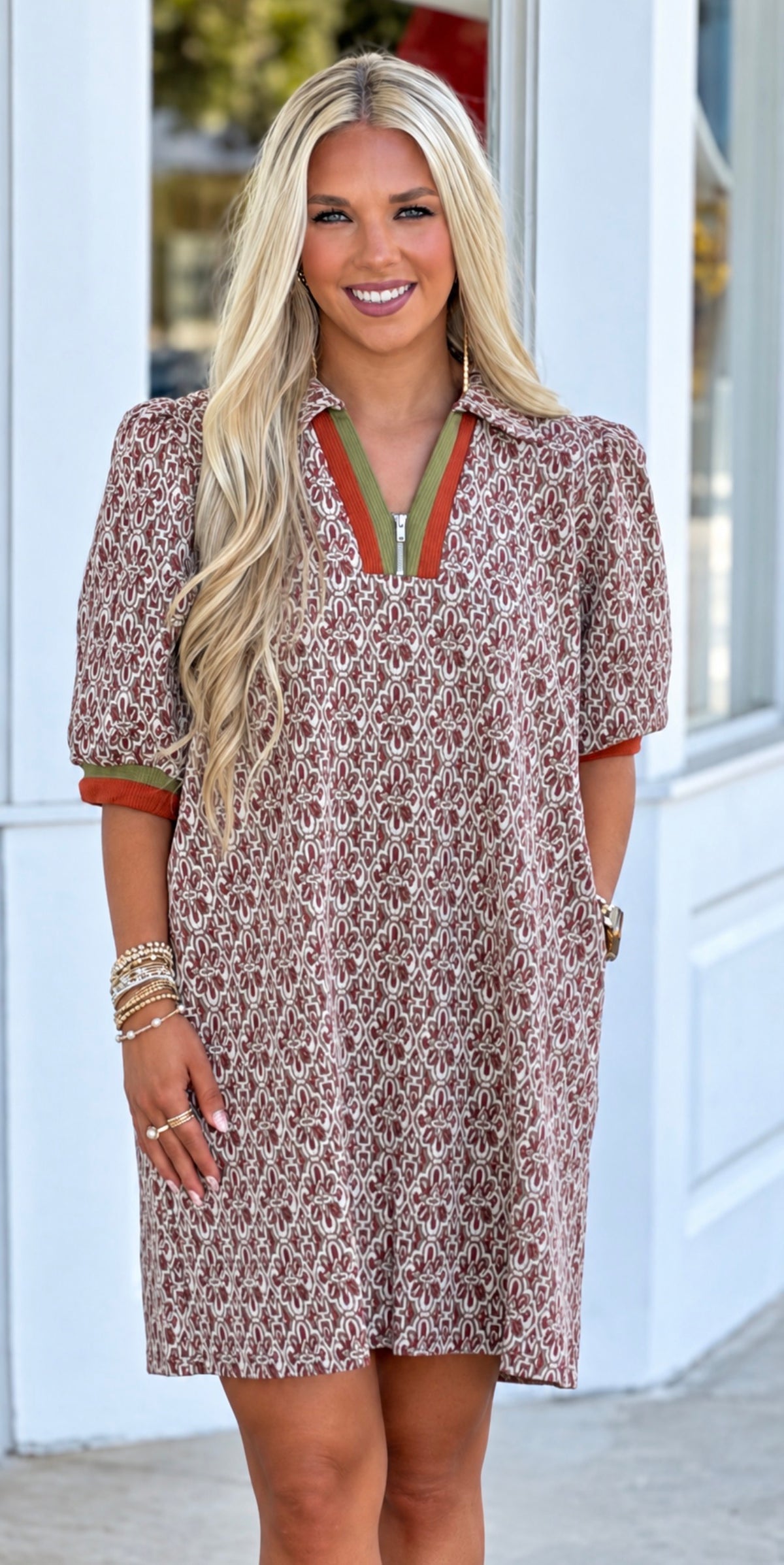 Chestnut Geometric Half-Zip Collared Shift Dress