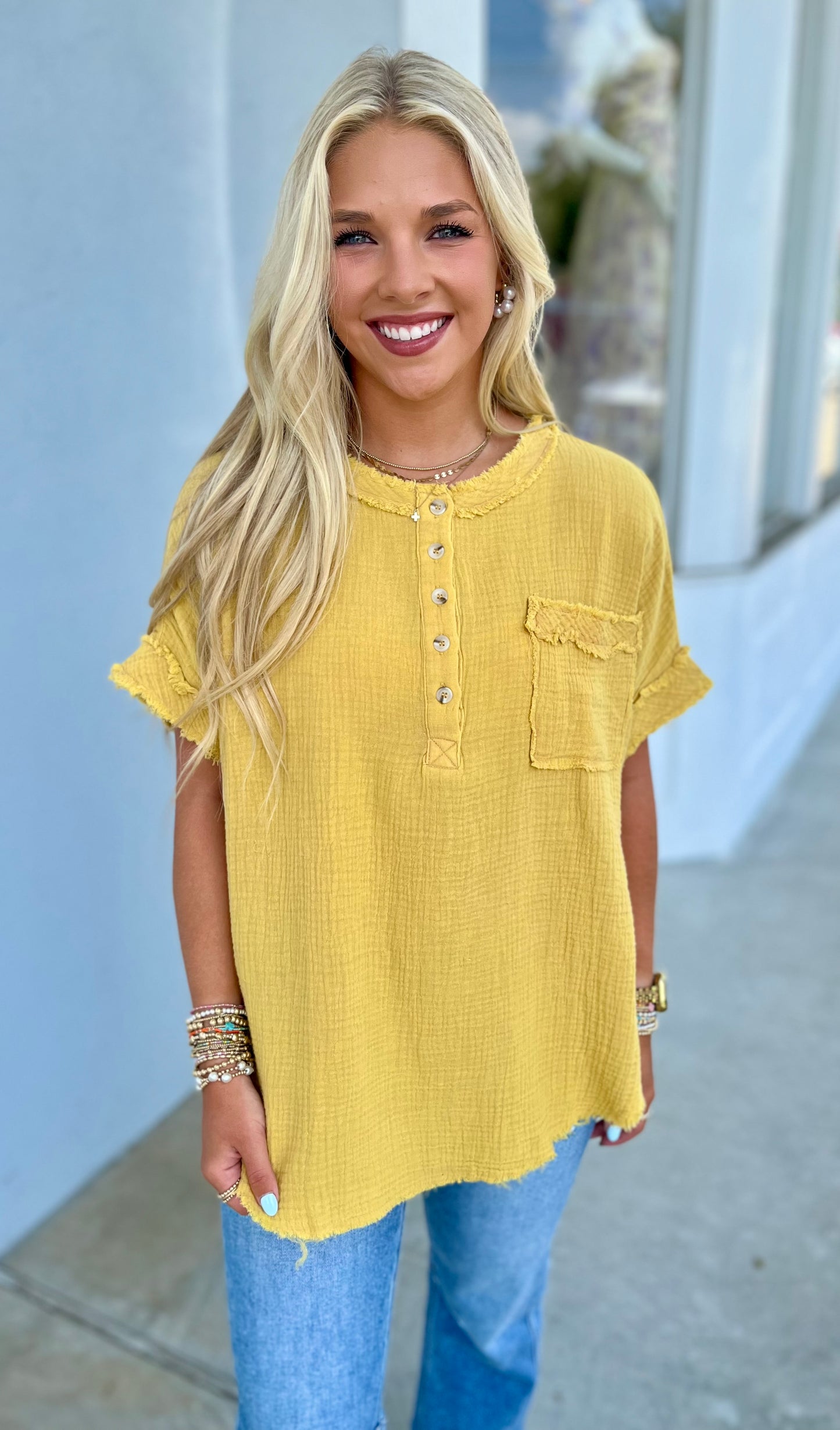 Mustard Gauze Button Top