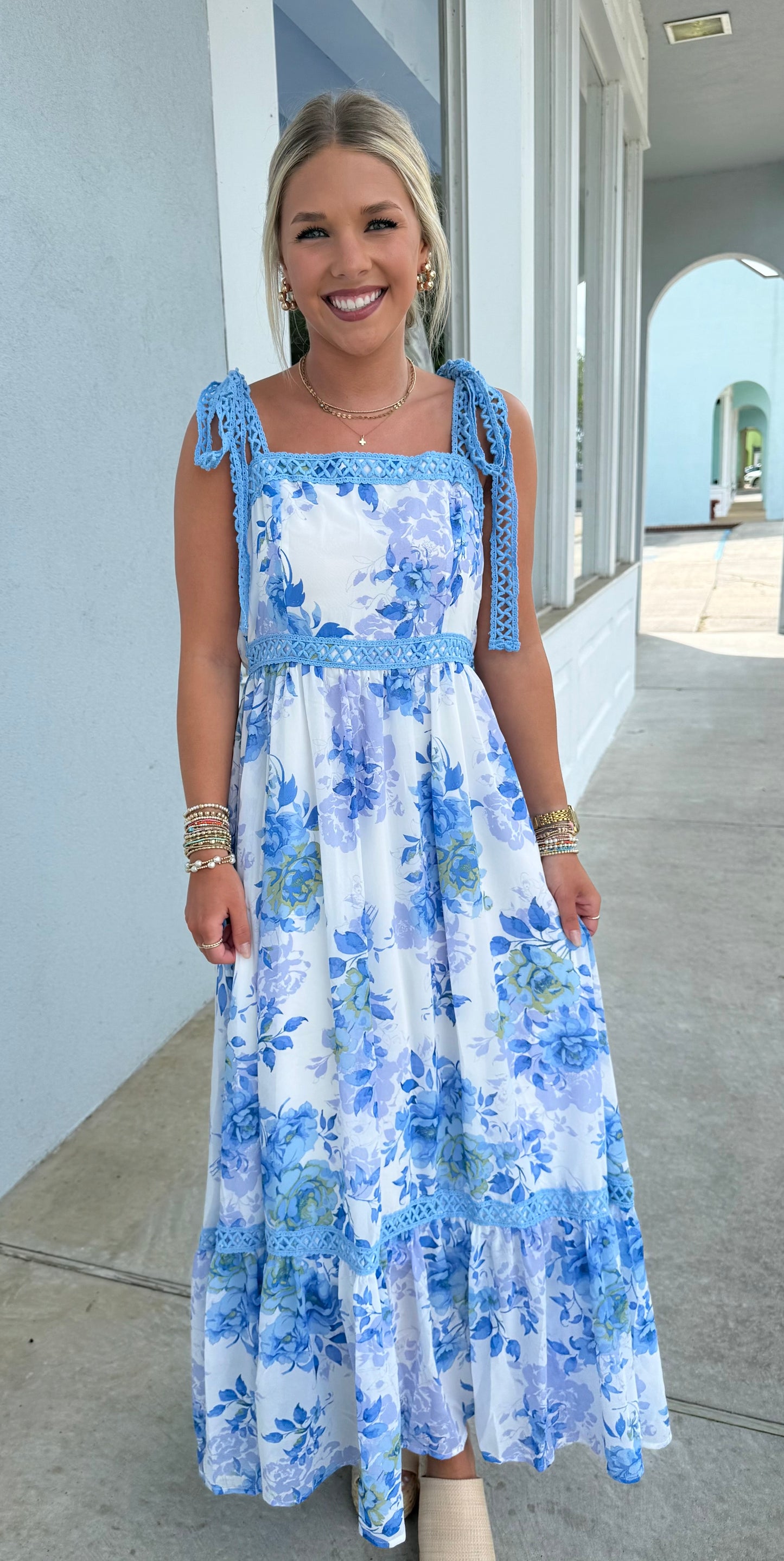 Floral Print Flowy Maxi Dress with Lace Ribbon Strap