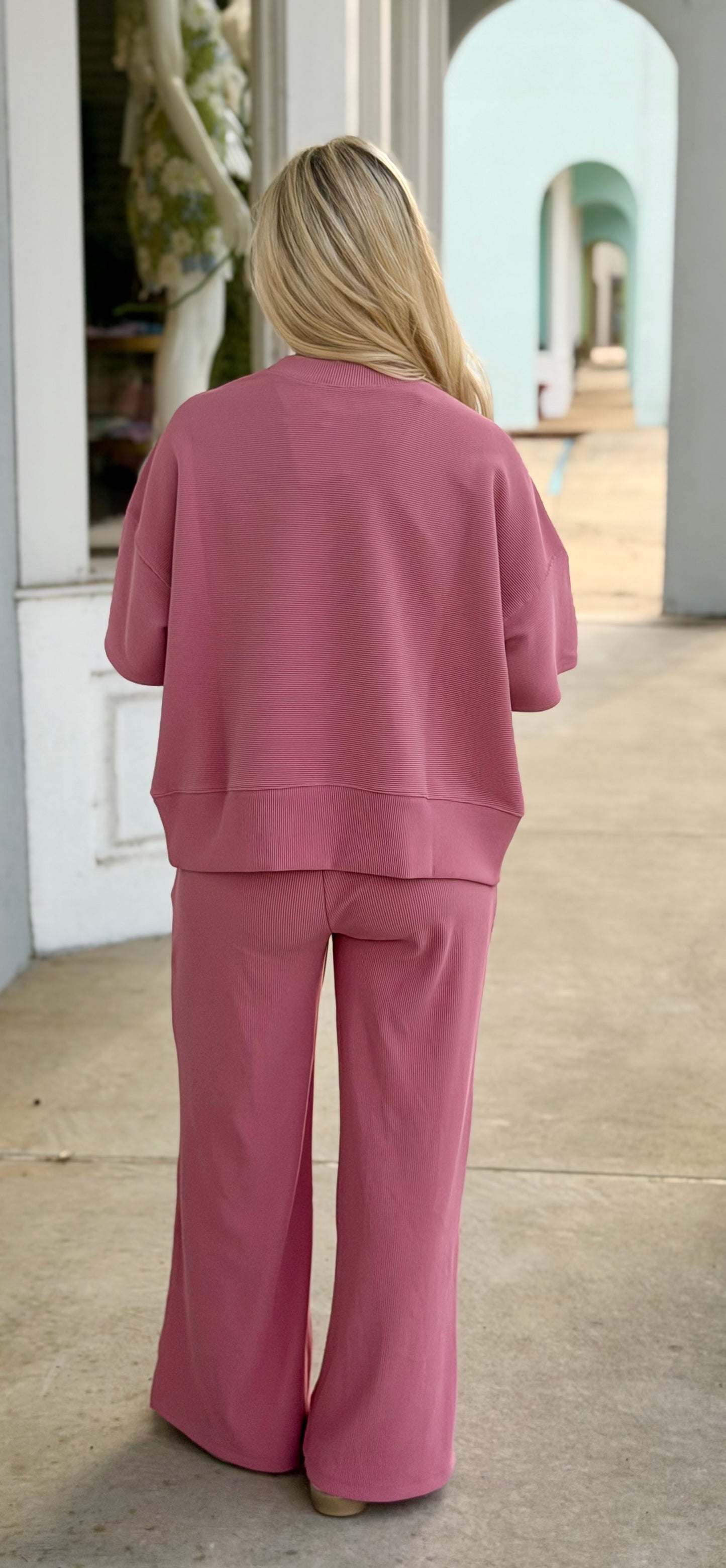Ribbed Round Neck Tee and Pant SET, Lt Rose