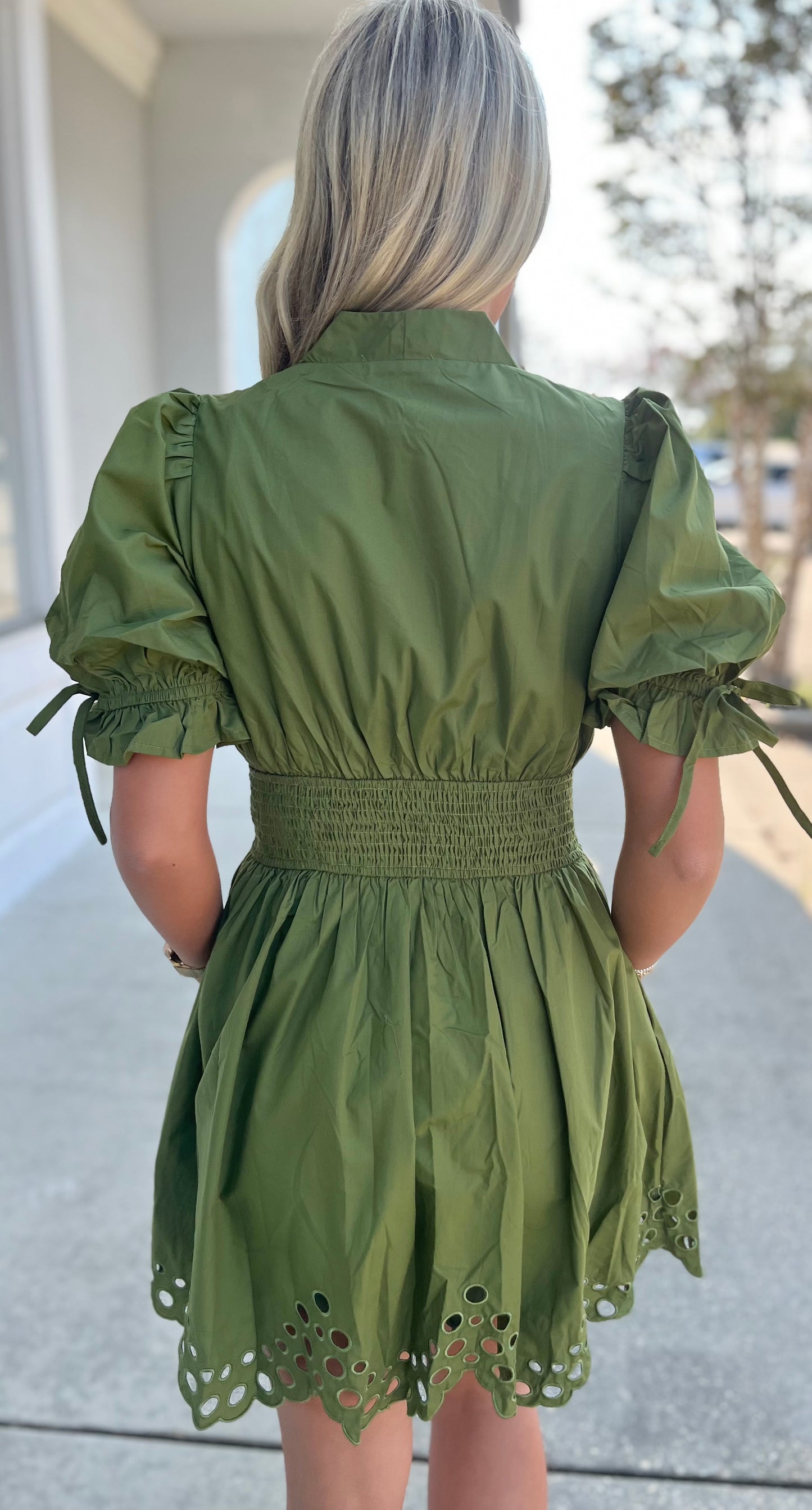 Olive Puff Sleeve Eyelet Zipper Front Dress