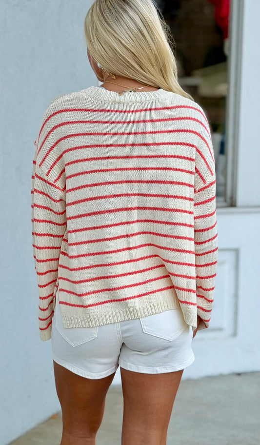 Melon/Cream Lightweight Striped Sweater