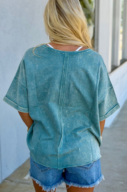 French Terry Acid Wash Tee, Ash Blue