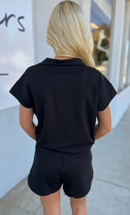 Scuba High Neck Half Zip Top & Shorts SET, Black