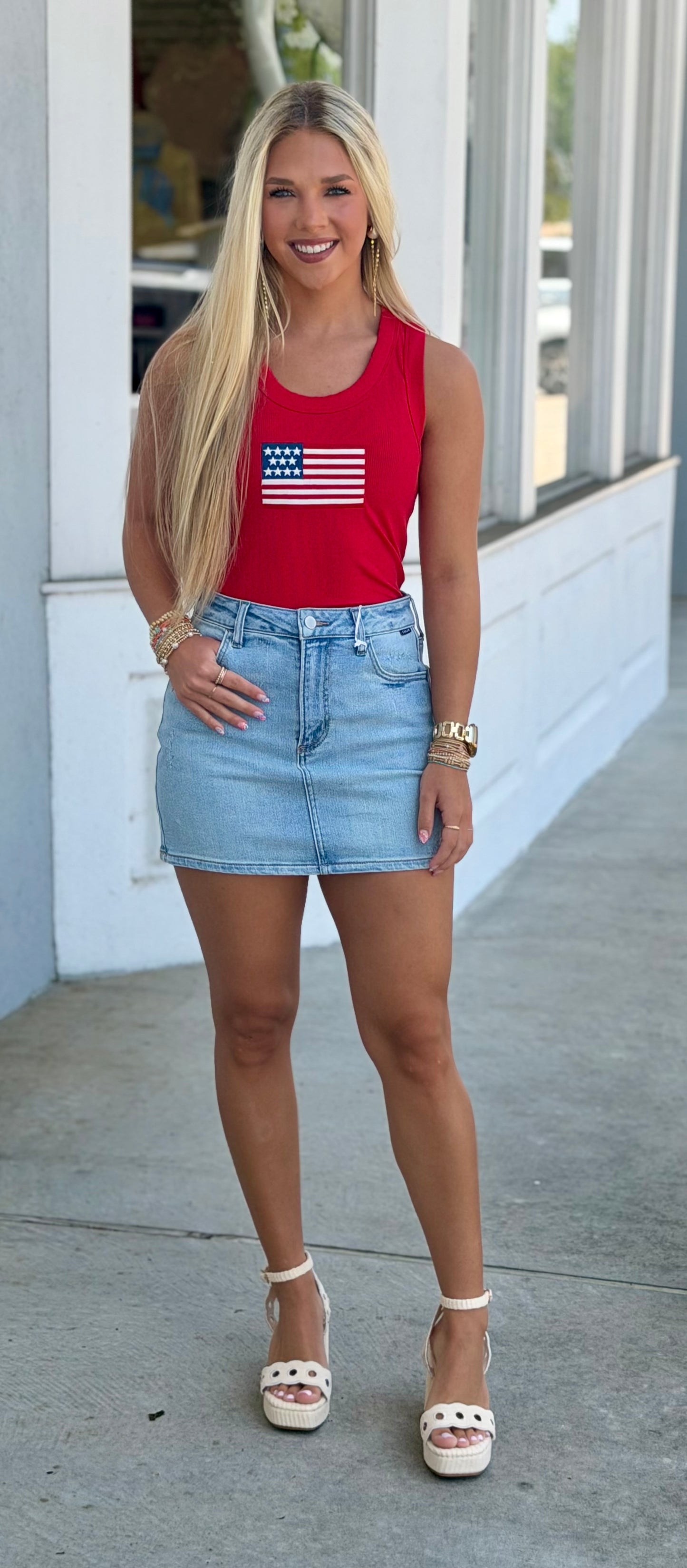 American Flag Scoop Neck Tank, Ruby