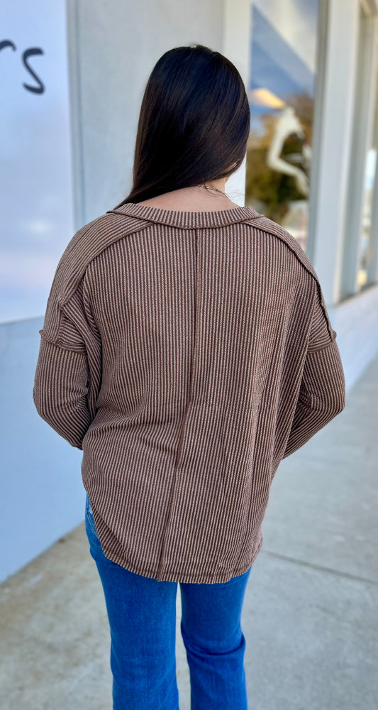 Corded Rib Long Sleeve V Neck Top, Brown