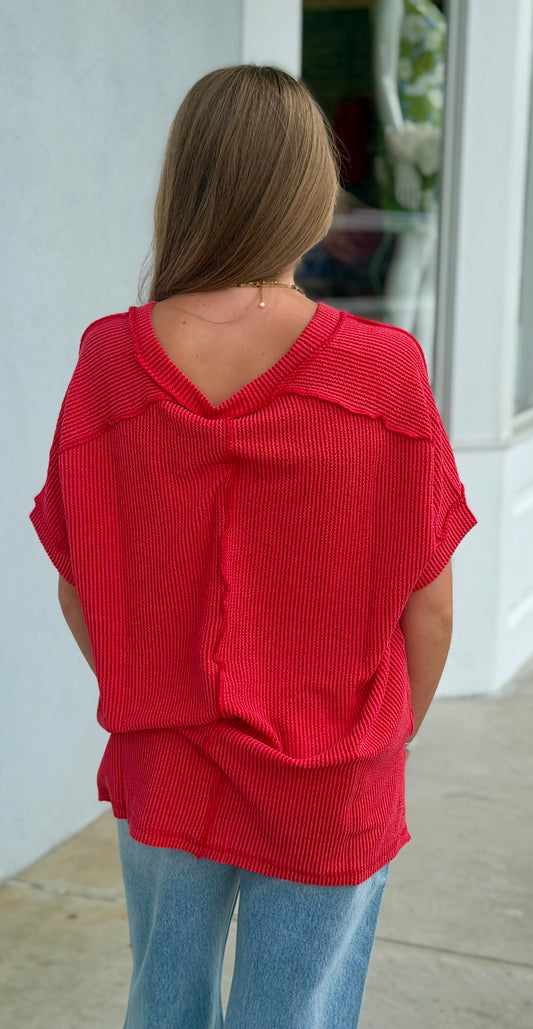 Raised Rib Hi Low V Neck Tee, Ruby