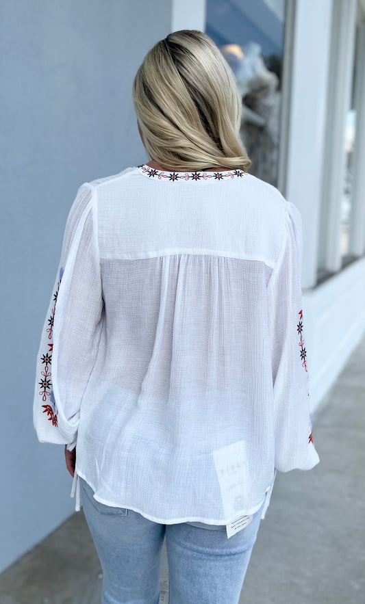 White Puff Sleeve Blouse With Embroidered Detail