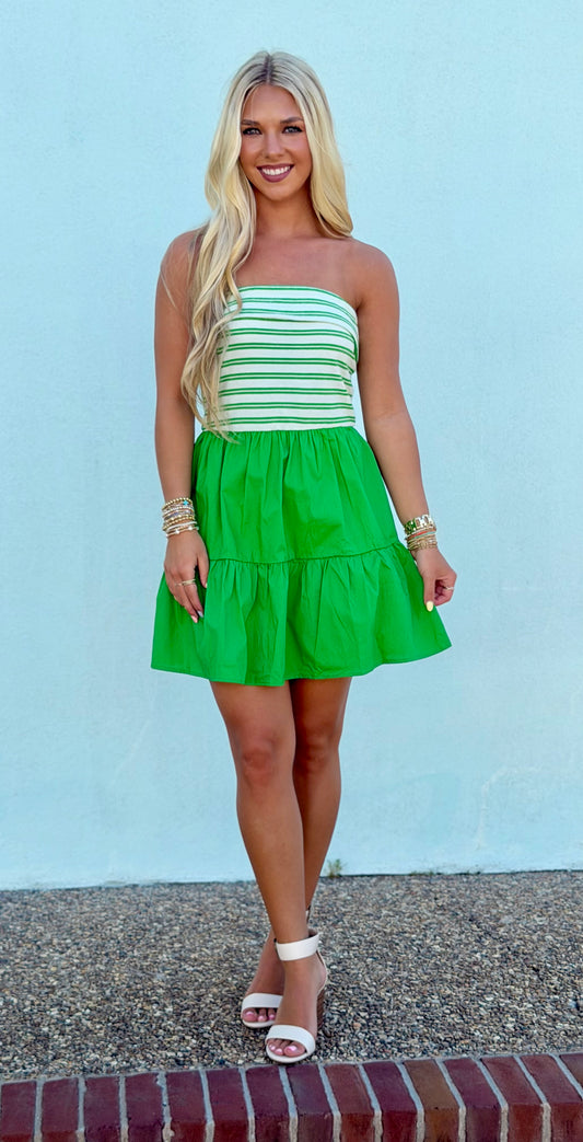 Green Tiered Striped Mini Dress