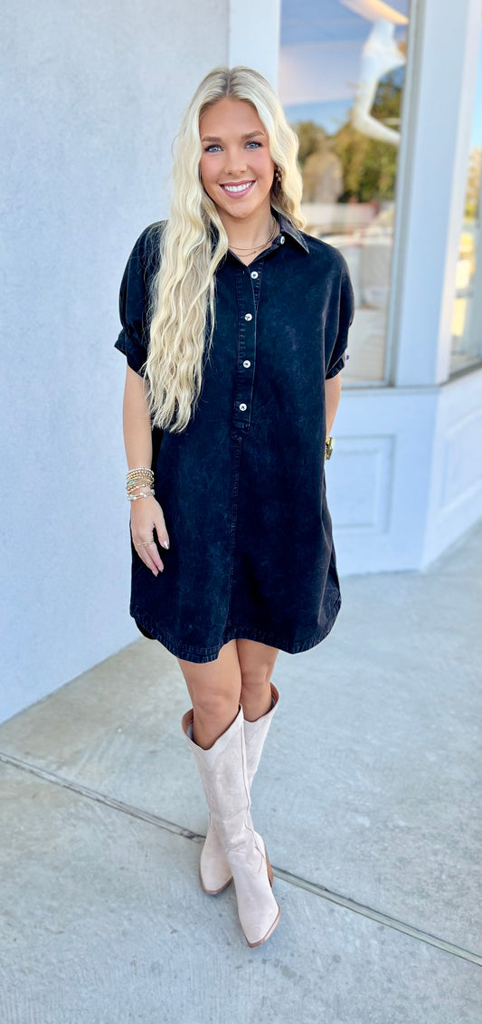 Ash Black Mineral Washed Mineral Shirt Dress