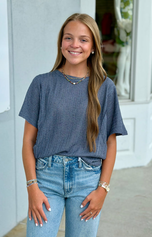 Raw Edge Exposed Seam Crop Top, Ash Blue