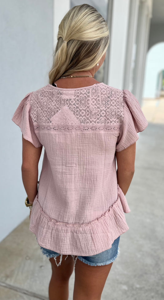 Blush Lace Detail Button Down Blouse