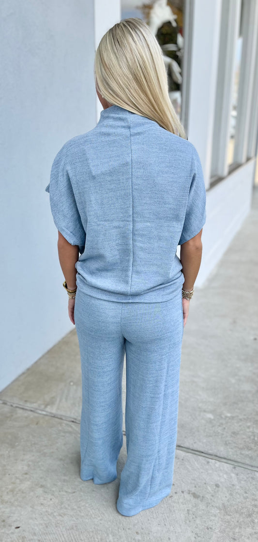 Blue Mock Neck Pants Set