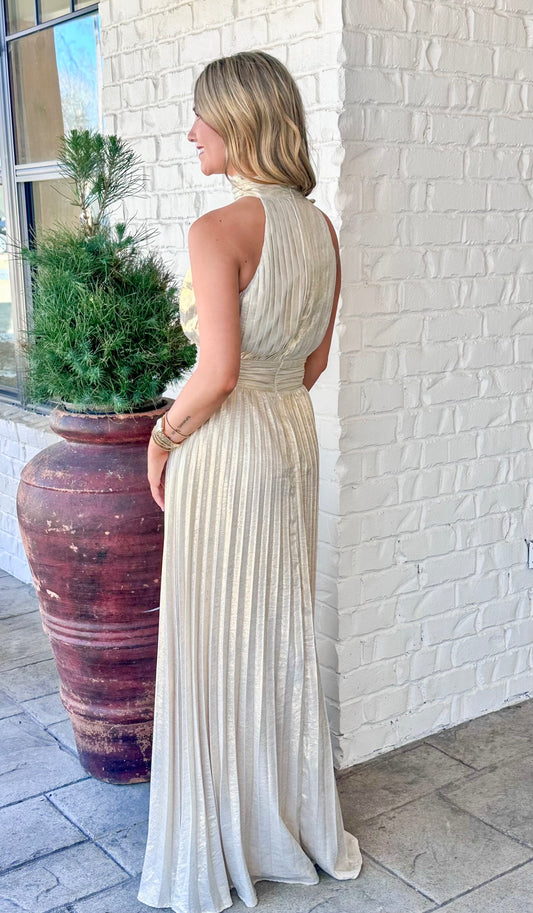Champagne Satin Pleated Halter Midi Dress