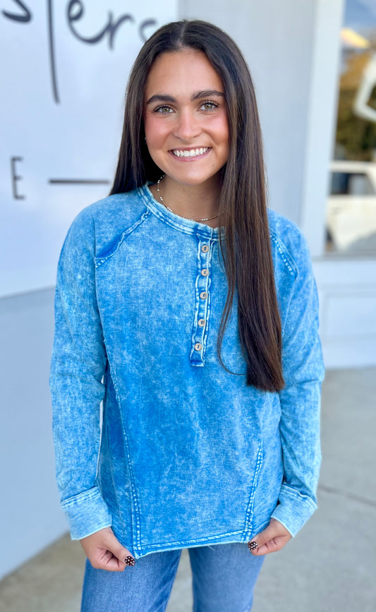Washed Button Henley Top, Ocean Blue