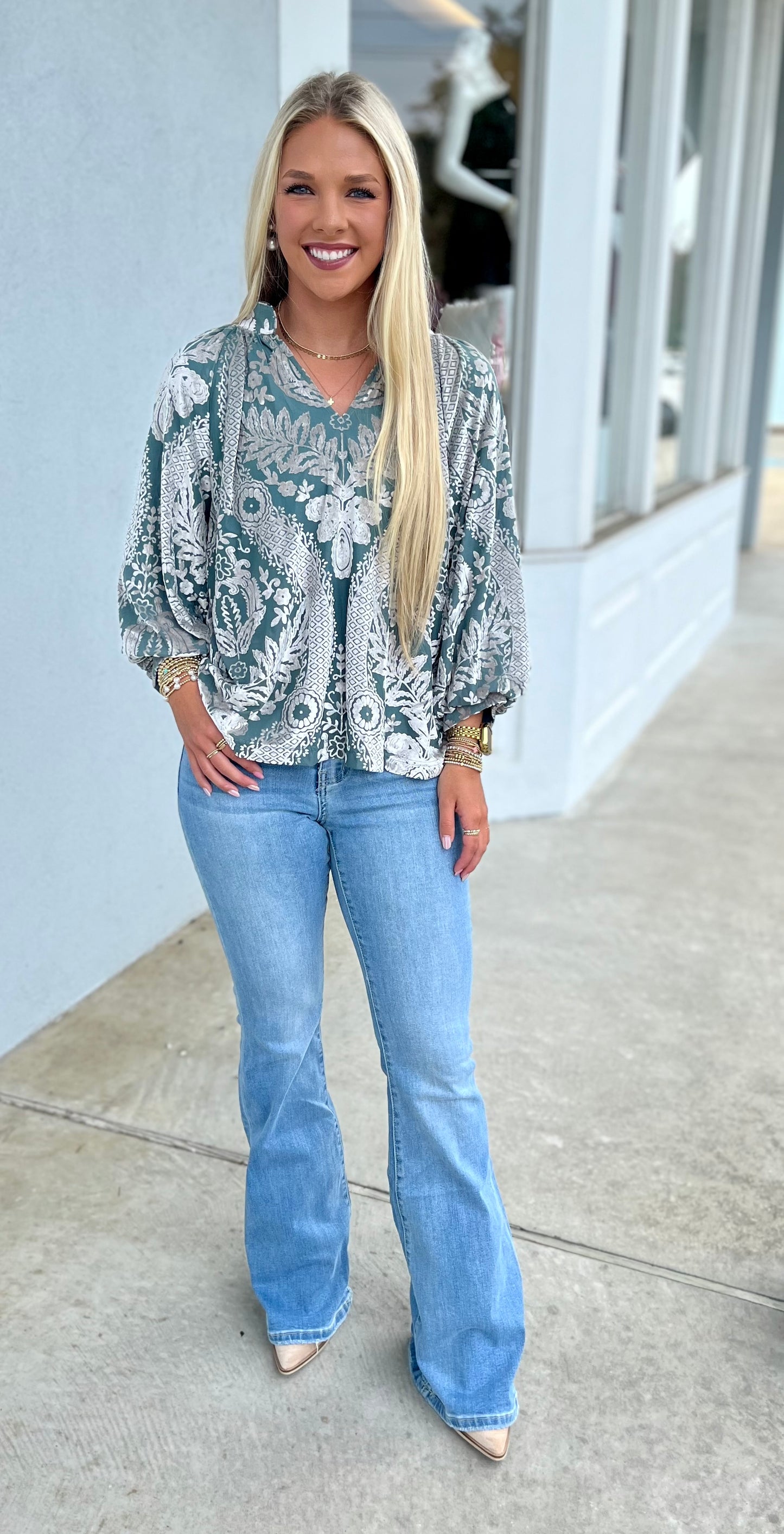 Velvet Printed Top , Sage