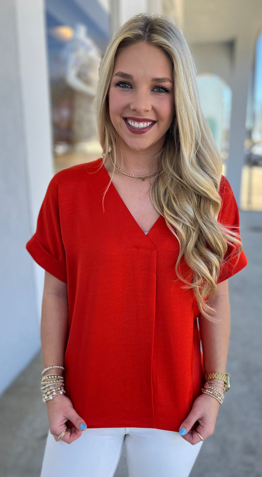 Red V Neck Short Sleeve Top