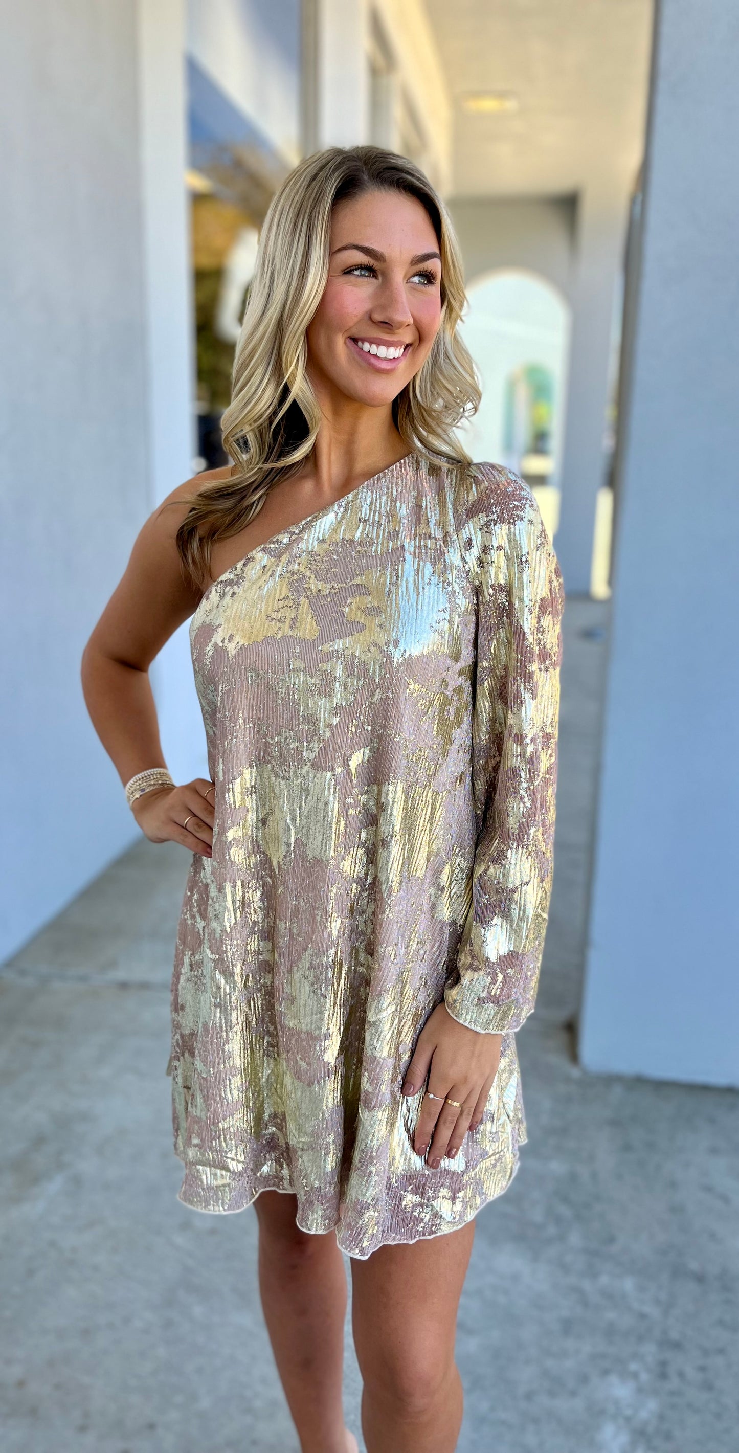 Taupe Gold Foil Print One Shoulder Dress