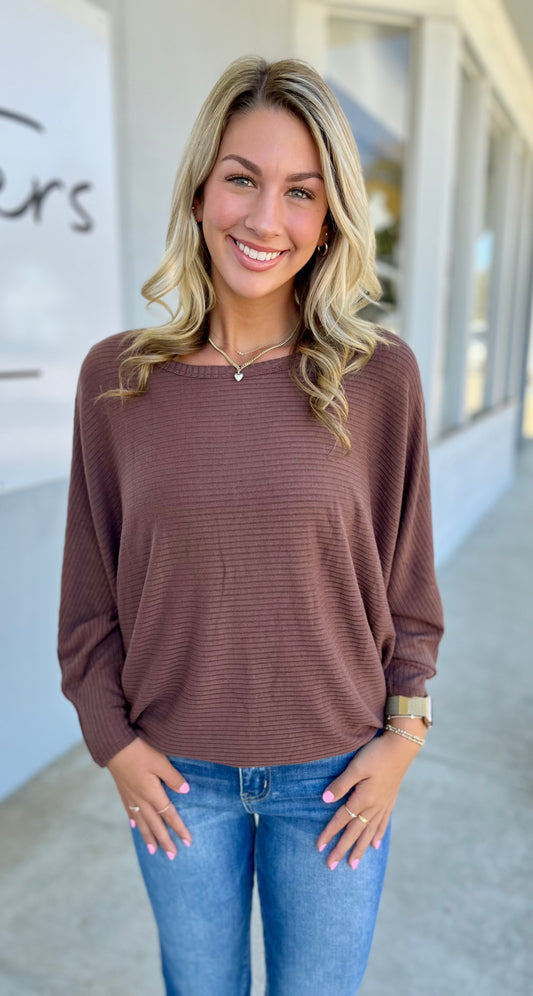 Ribbed Batwing Boat Neck Sweater, Brown