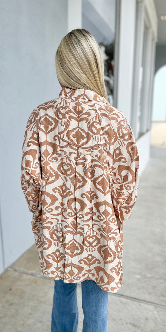 Latte Abstract Oversize Button Down Top
