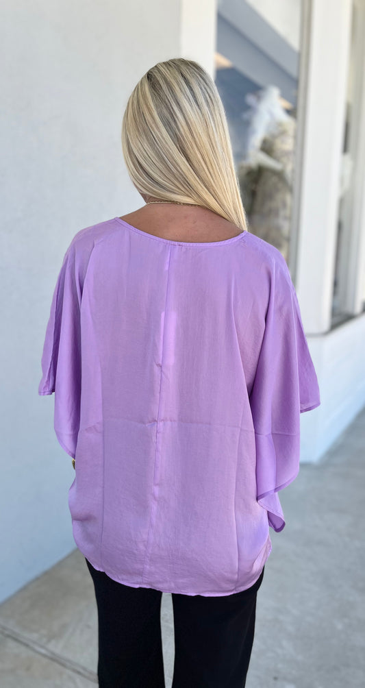 V Neck Kimono Sleeve Top , Lavender
