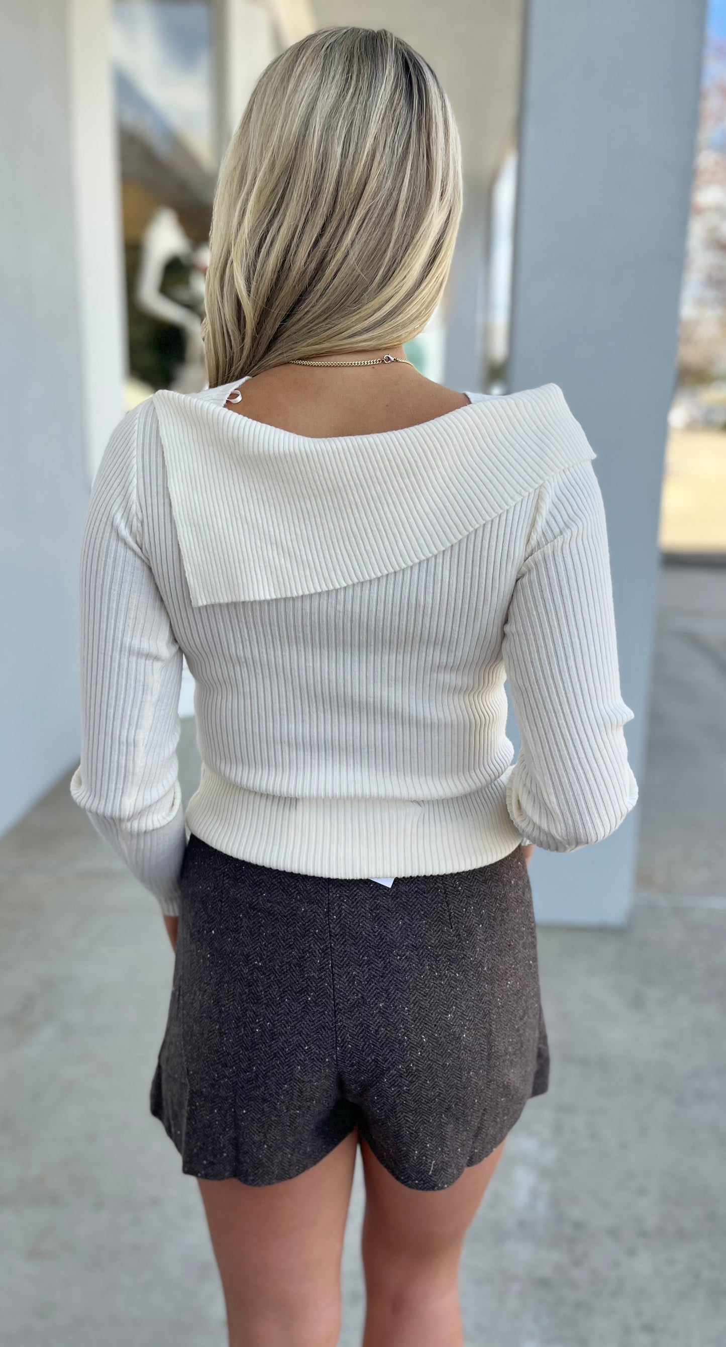 Asymmetrical Fold Over Long Sleeve Sweater, Ivory