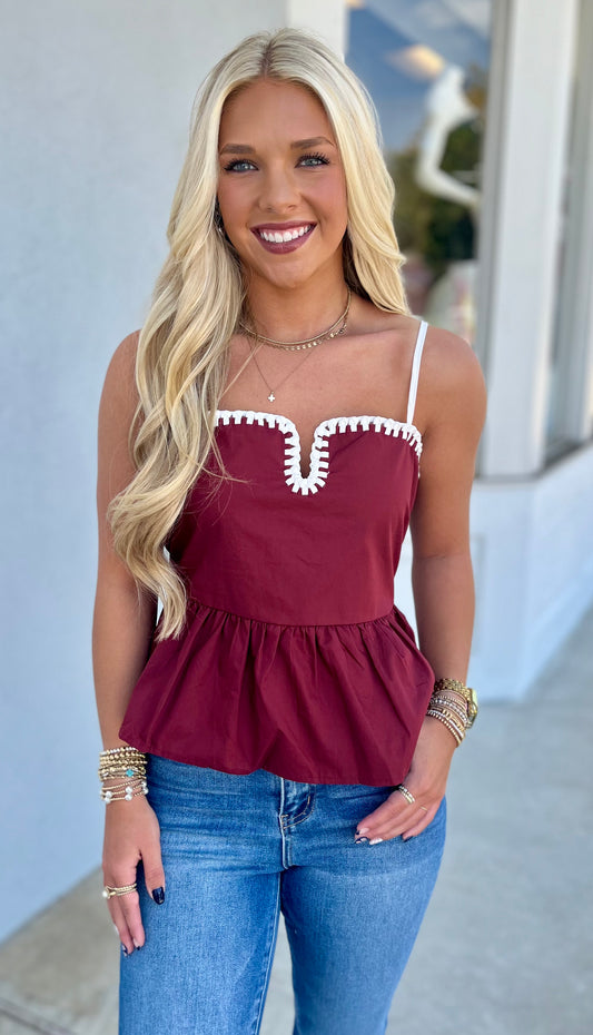 Peplum Top W Stitching Detail, Maroon