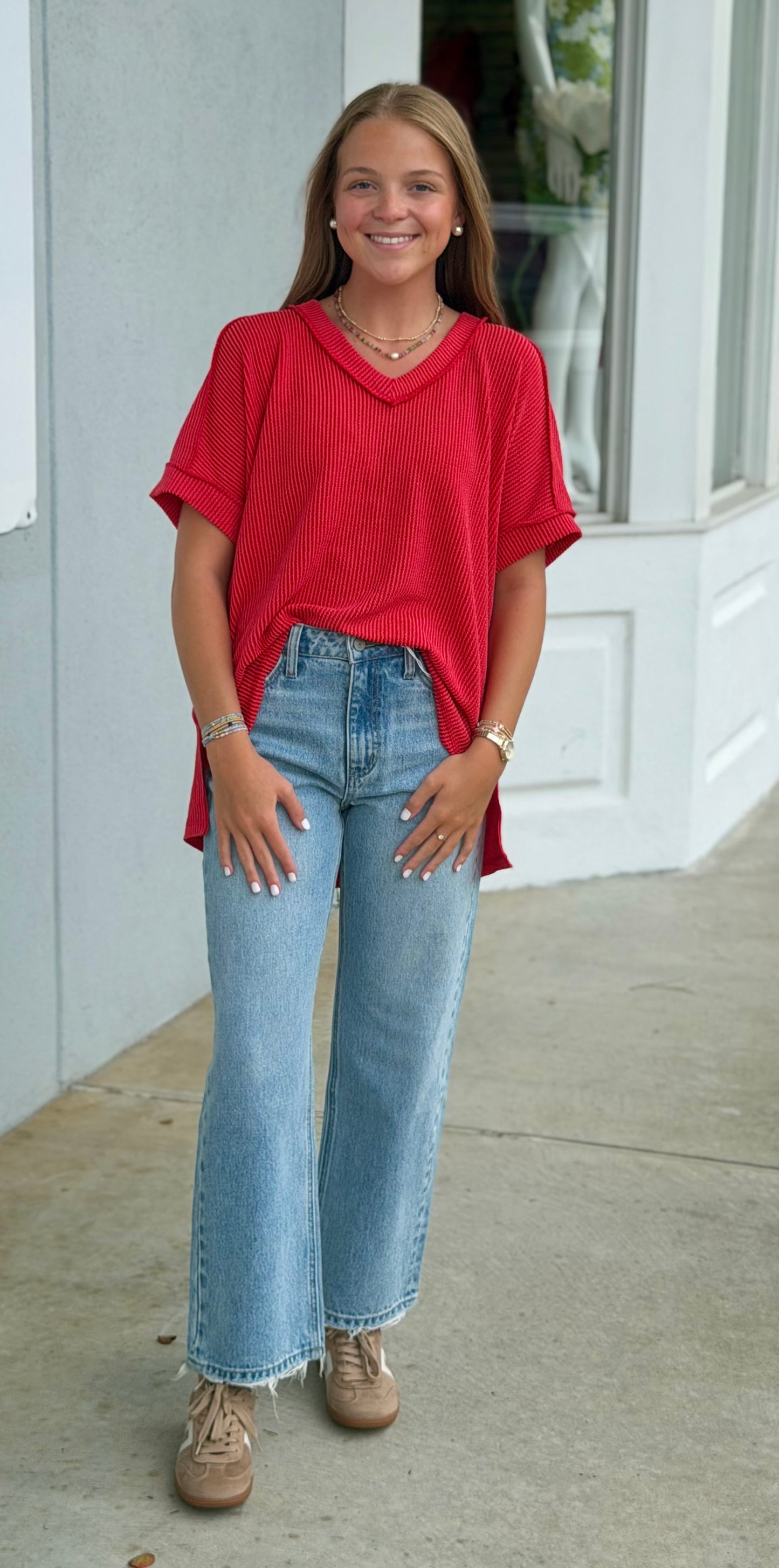 Raised Rib Hi Low V Neck Tee, Ruby