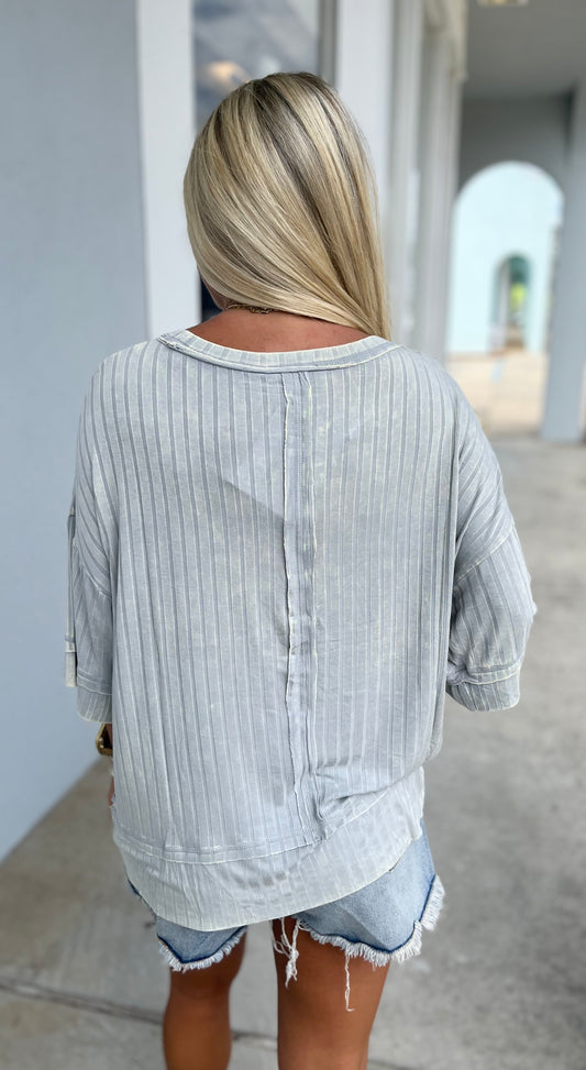 Lt Grey Ribbed Half Sleeve Boat Neck Top