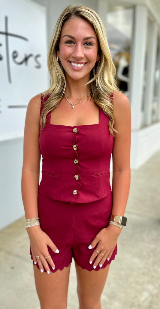 Burgundy Scallop Edge Romper With Button Down