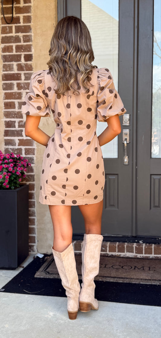 Taupe Polka Dot Bubble Sleeve Dress