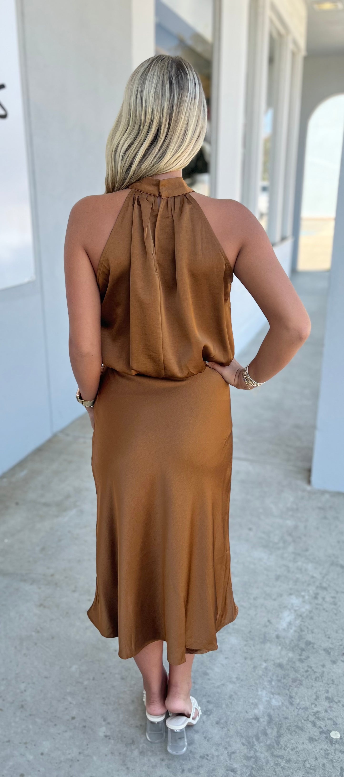 Halter Neck Sleeveless Midi Dress, Camel