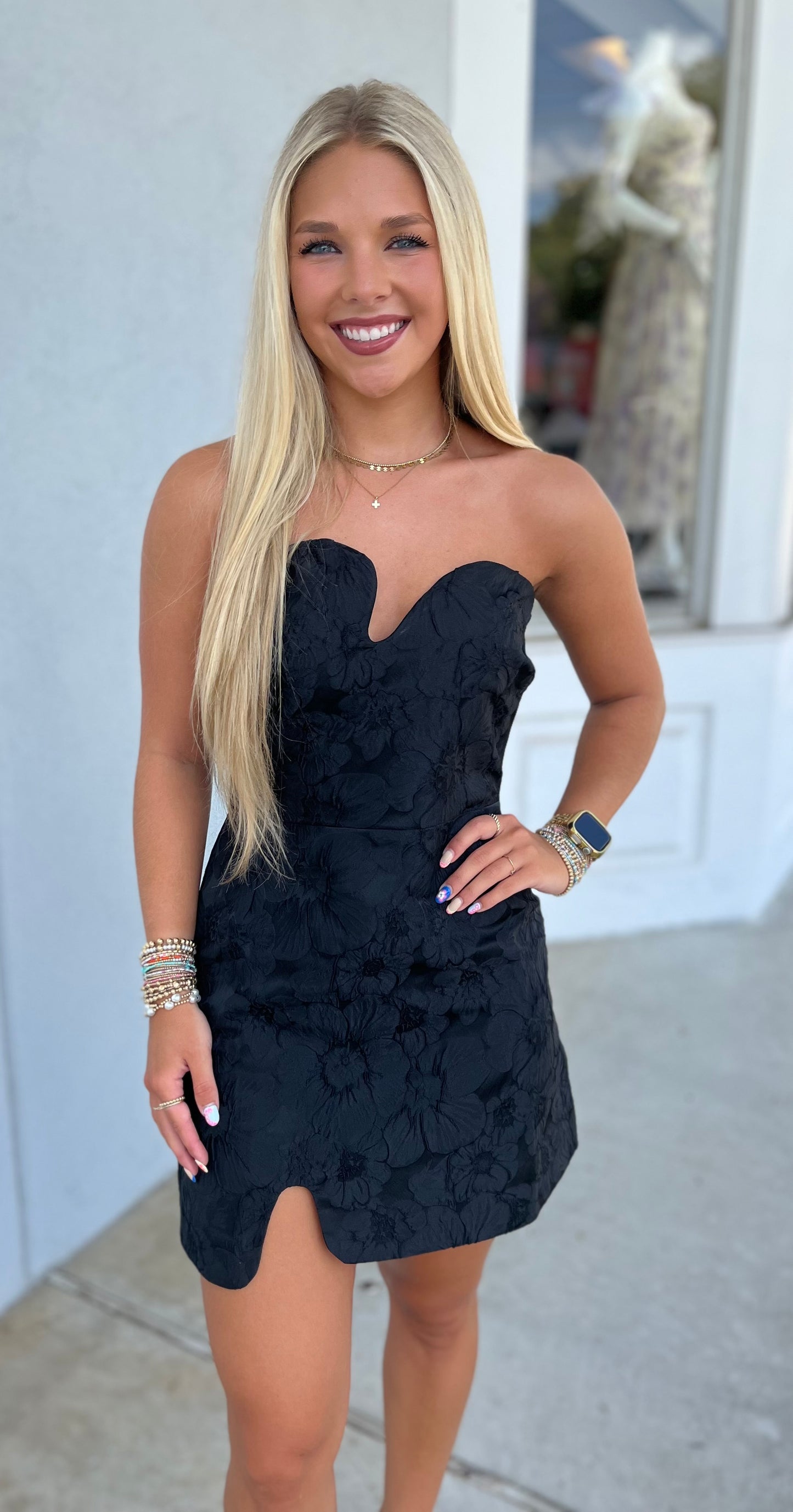 Black Floral Jacquard Strapless Dress