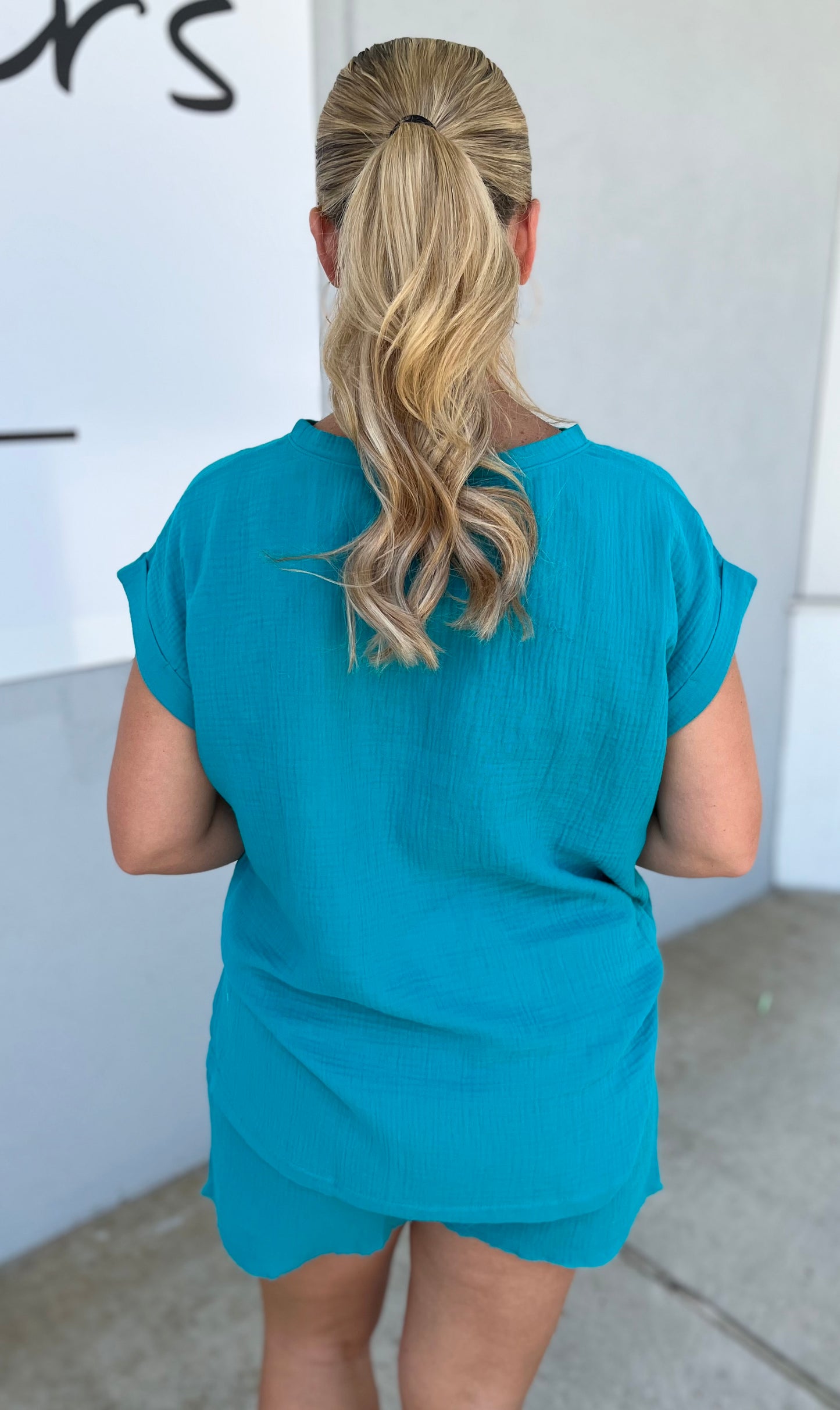 Gauze Round Neck Top, Lt Teal