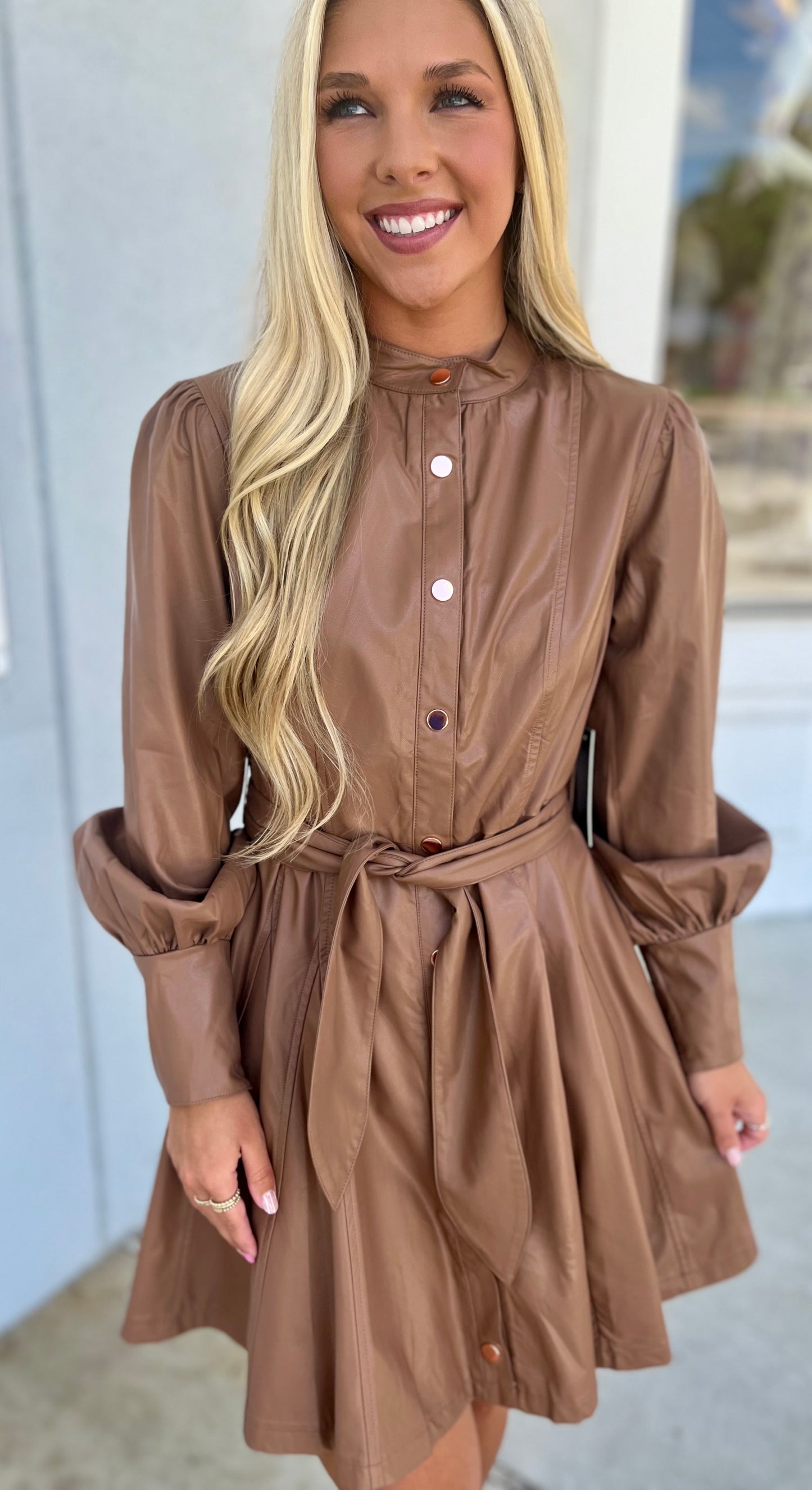 Mocha Waist Sash Faux Leather Dress
