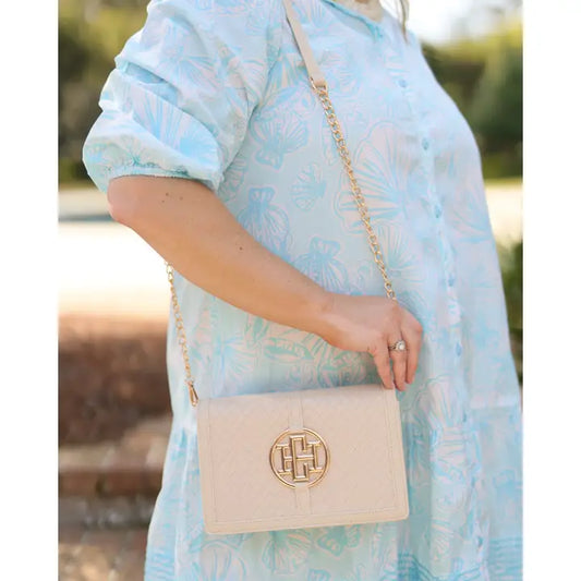 Cecilia Circle Logo Handbag, Woven Almond