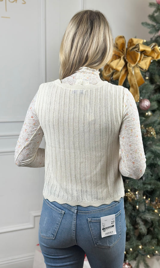 Sleeveless Scallop Front Tie Sweater, Cream