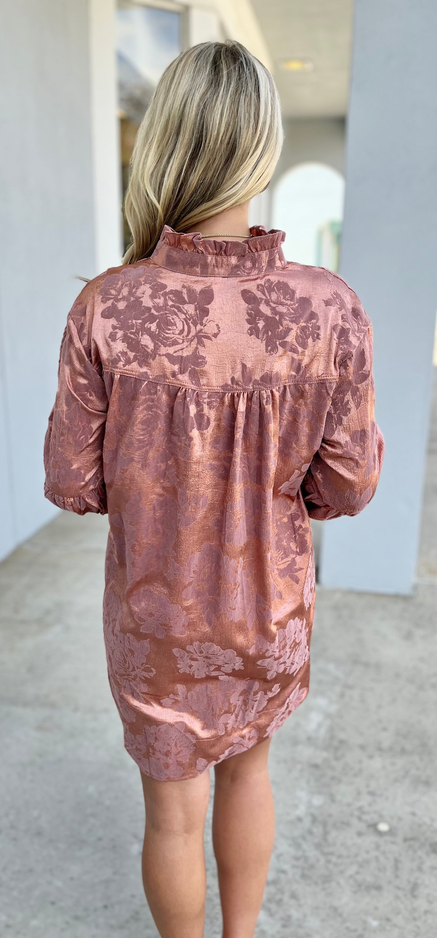 Rose Ruffled Neck Bubble Sleeve Dress