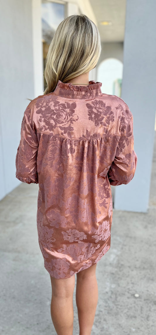 Rose Ruffled Neck Bubble Sleeve Dress