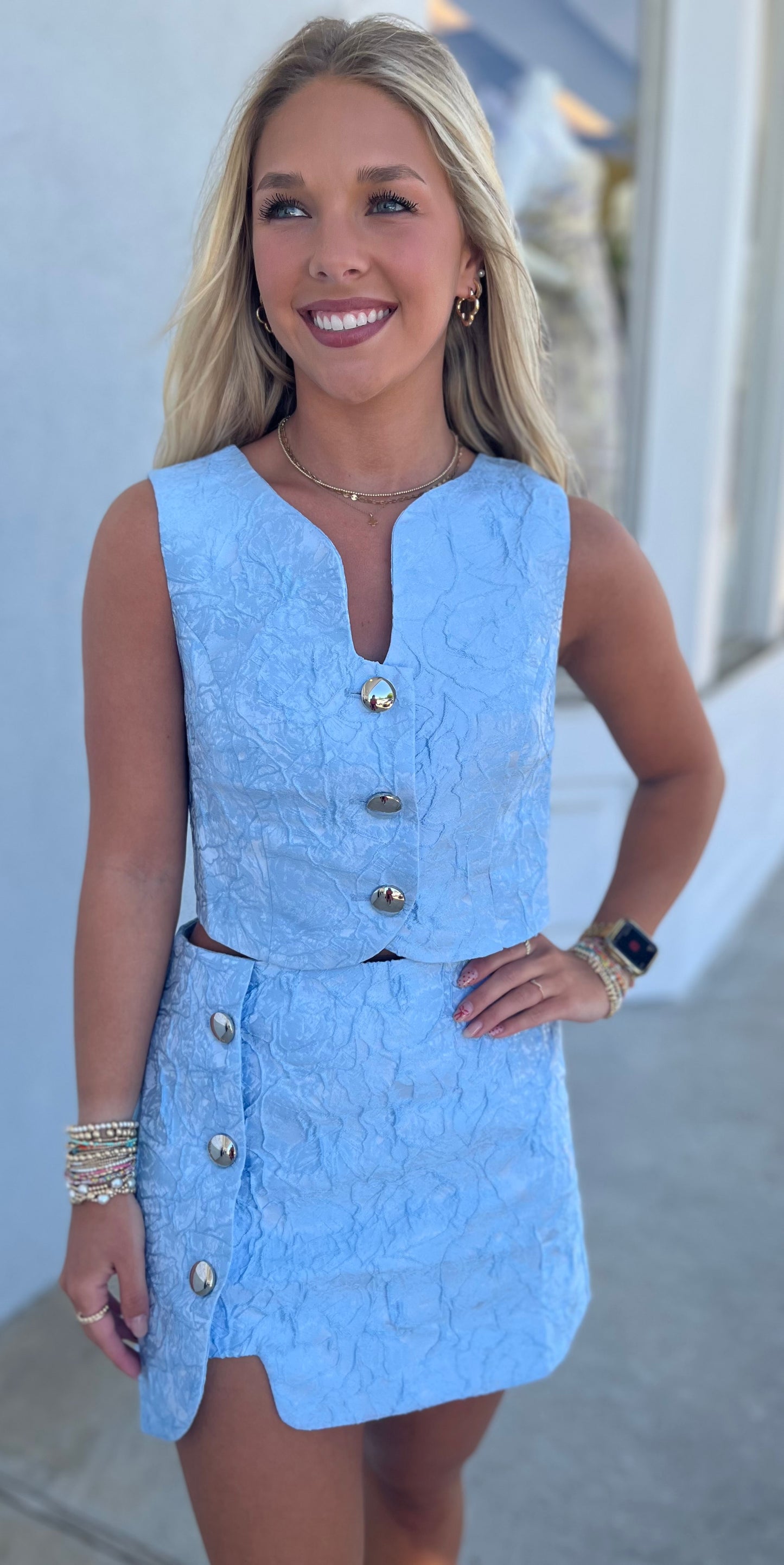 Jacquard Wavy Button Detail Top, Lt Blue