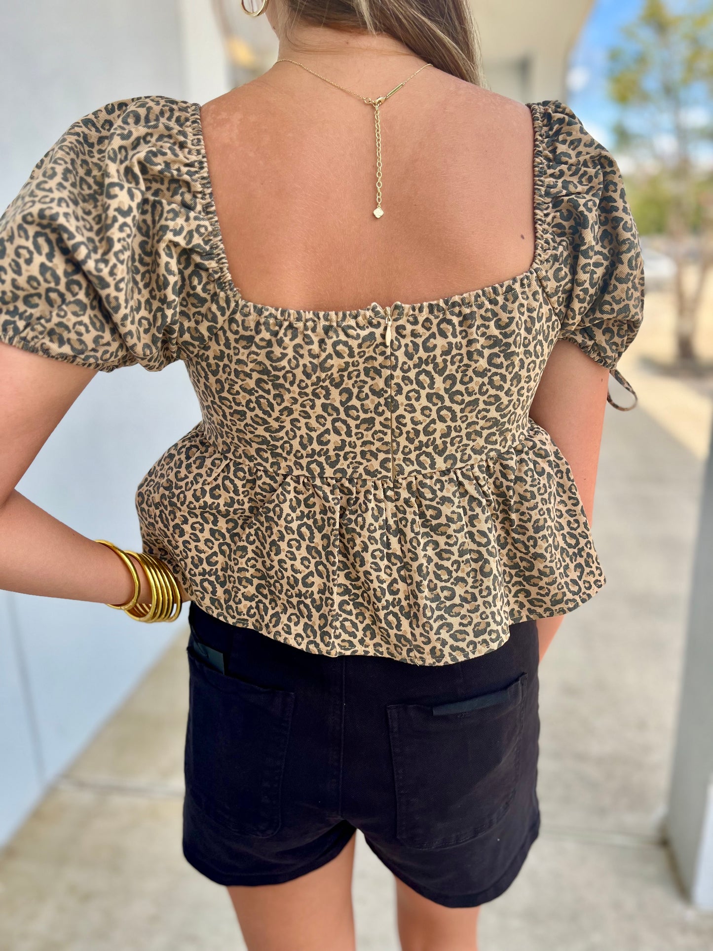 Denim Leopard Princess Neckline Puff Sleeve Crop Top